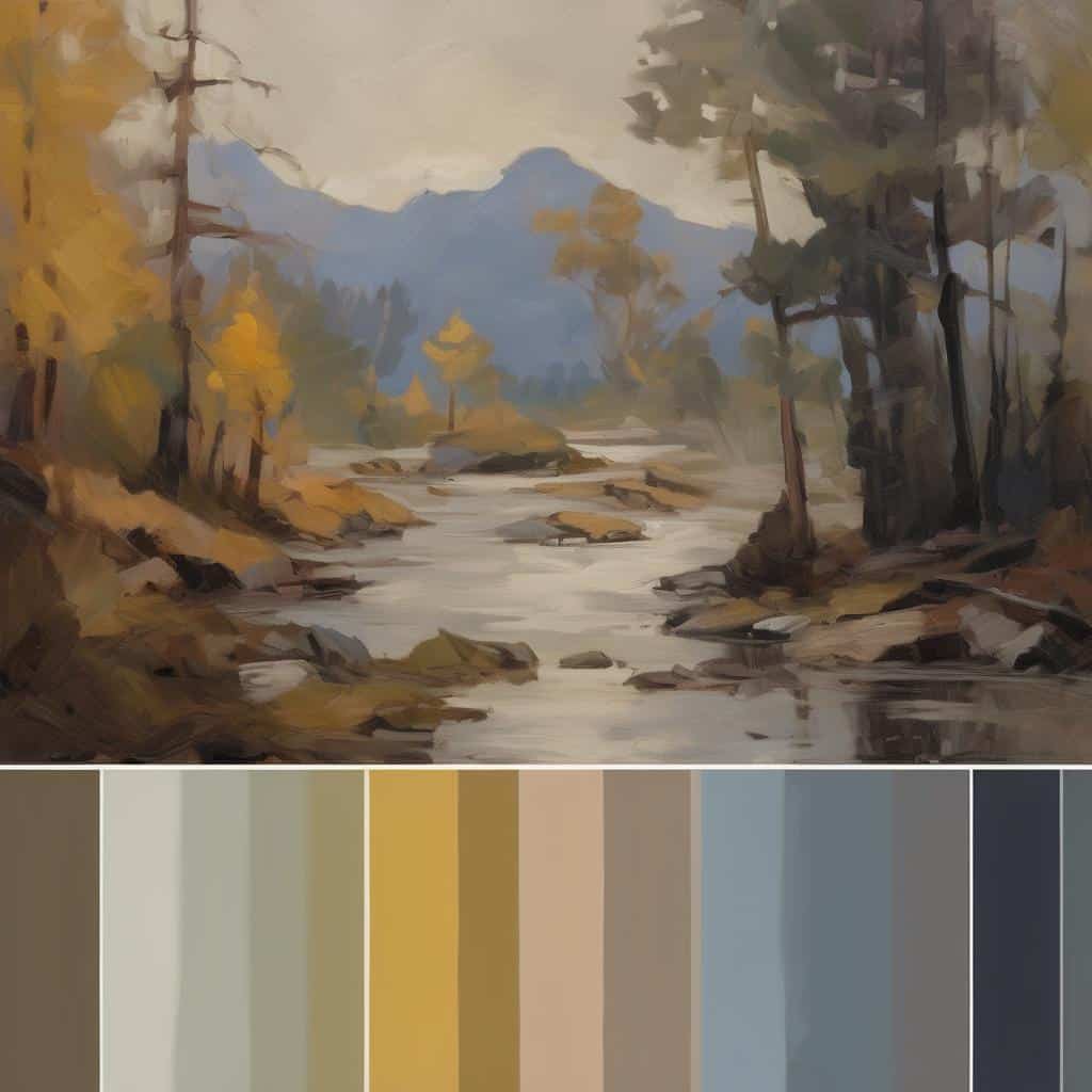 Ου landscape με δέντρα και ποτάμι, ζωγραφική σε φυσικές αποχρώσεις, επιρροές σύγχρονων καλλιτεχνών, ρομαντική και ήρεμη ατμόσφαιρα.