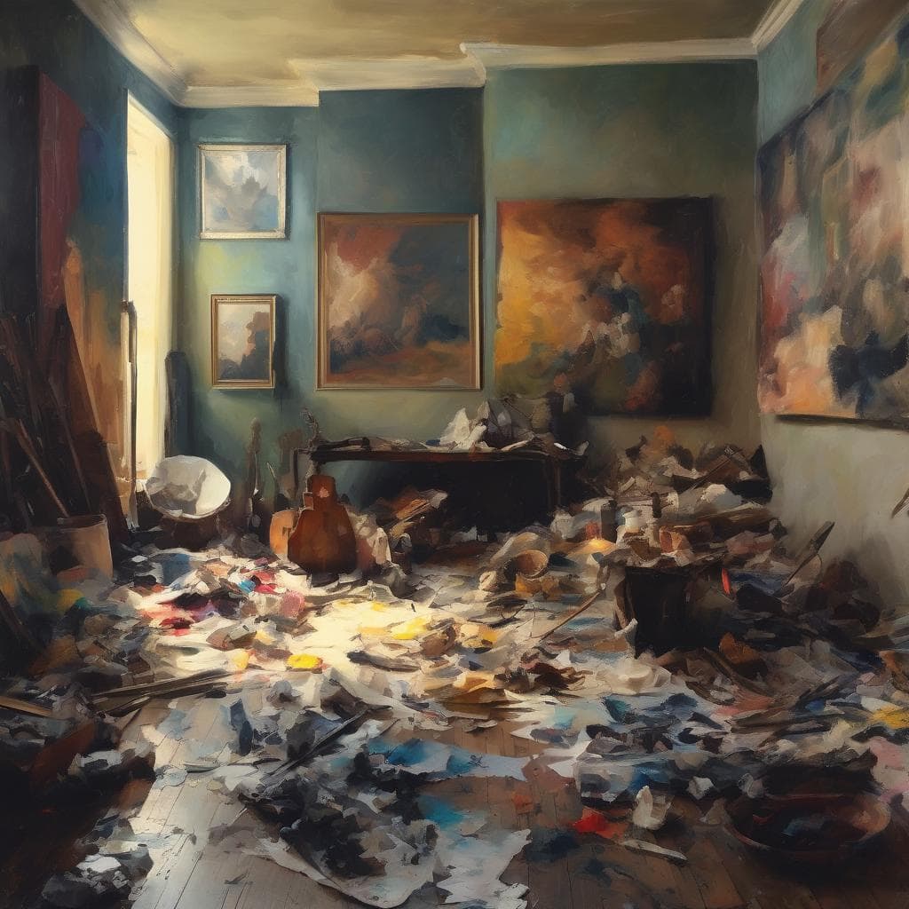 Ζωγραφικό έργο με έπιπλα και έργα τέχνης σε πολυτελή σαλόνι, εμπνευσμένο από σύγχρονους καλλιτέχνες και τη σύγχρονη τέχνη.